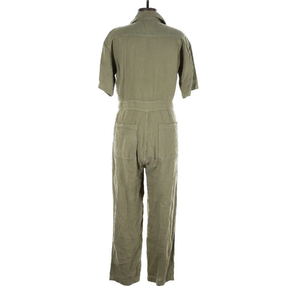 MATE the LABEL Oversized Linen Utility Jumpsuit Short Sleeve Olive Green